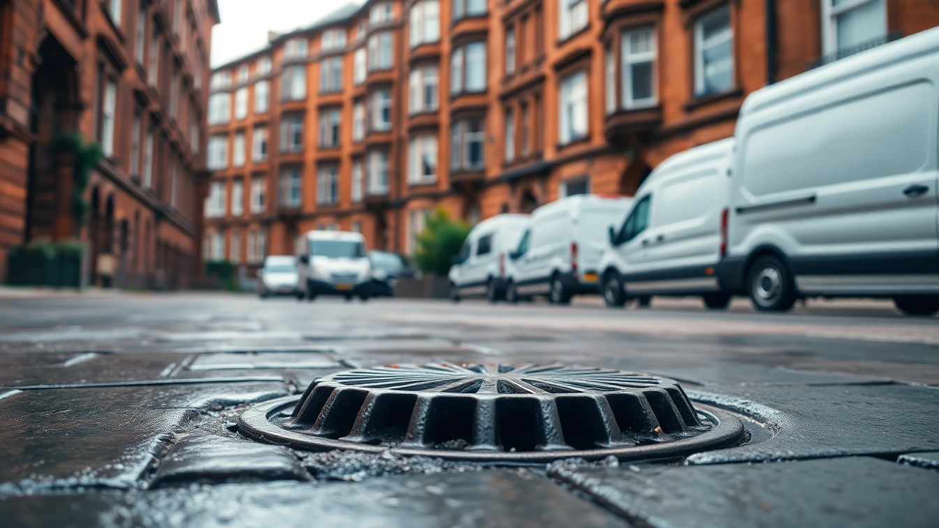 Cast-iron drain grate on wet Scottish pavement, Glasgow red sandstone tenements behind